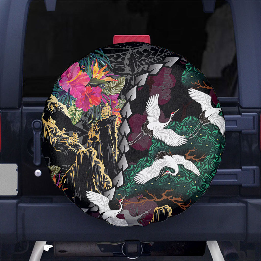 Hawaiian and Japanese Culture Spare Tire Cover Crane Sakura Hibiscus Tropical Vibes LT14 No hole Black - Polynesian Pride