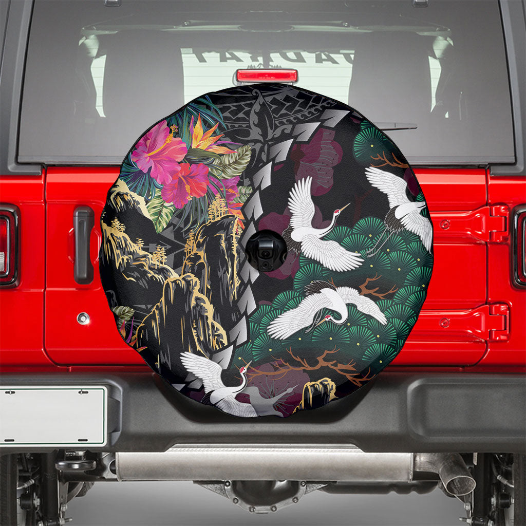 Hawaiian and Japanese Culture Spare Tire Cover Crane Sakura Hibiscus Tropical Vibes