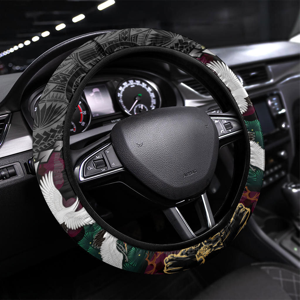 Hawaiian and Japanese Culture Steering Wheel Cover Crane Sakura Hibiscus Tropical Vibes LT14 Universal Fit Black - Polynesian Pride