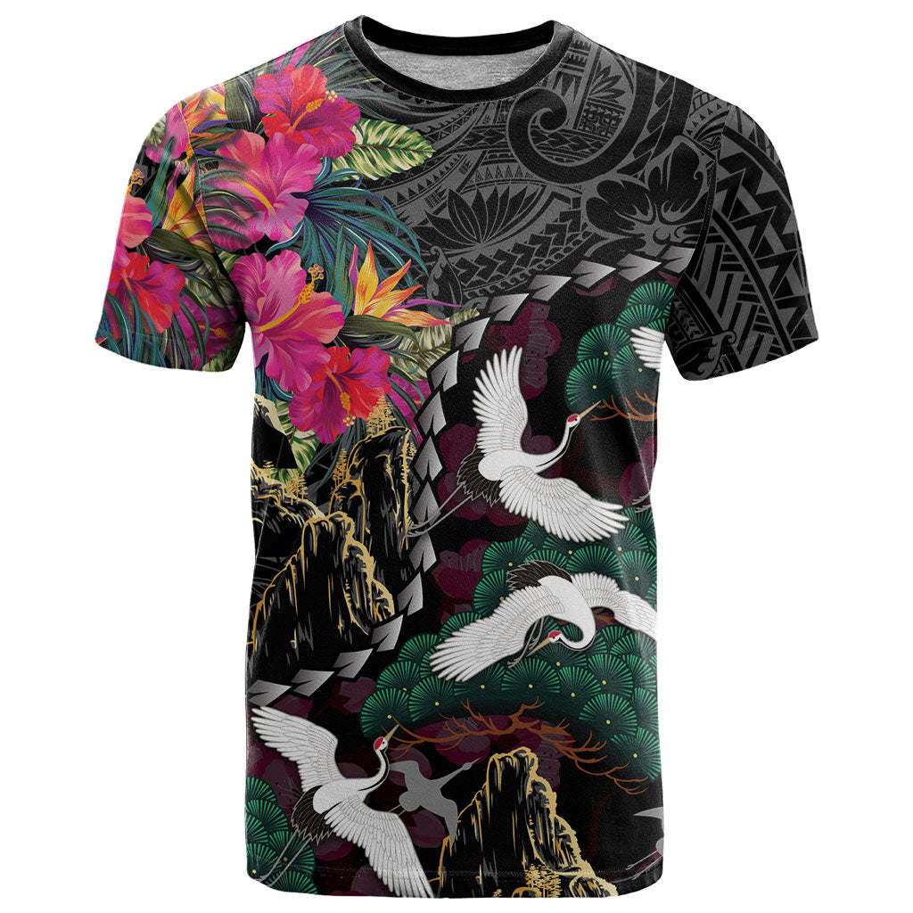 Hawaiian and Japanese Culture T Shirt Crane Sakura Hibiscus Tropical Vibes LT14 Black - Polynesian Pride