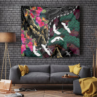 Hawaiian and Japanese Culture Tapestry Crane Sakura Hibiscus Tropical Vibes