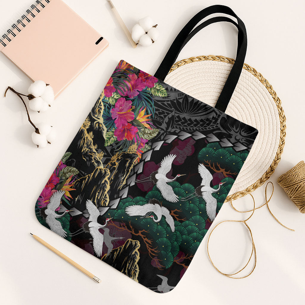 Hawaiian and Japanese Culture Tote Bag Crane Sakura Hibiscus Tropical Vibes LT14 Black Strap One Size Black - Polynesian Pride