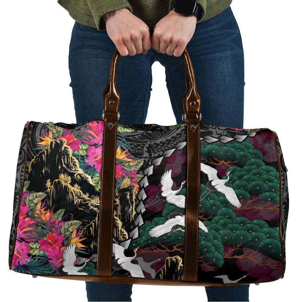 Hawaiian and Japanese Culture Travel Bag Crane Sakura Hibiscus Tropical Vibes LT14 Black - Polynesian Pride