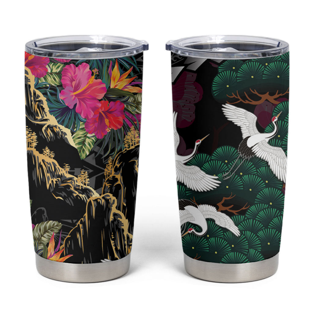 Hawaiian and Japanese Culture Tumbler Cup Crane Sakura Hibiscus Tropical Vibes LT14 Black - Polynesian Pride