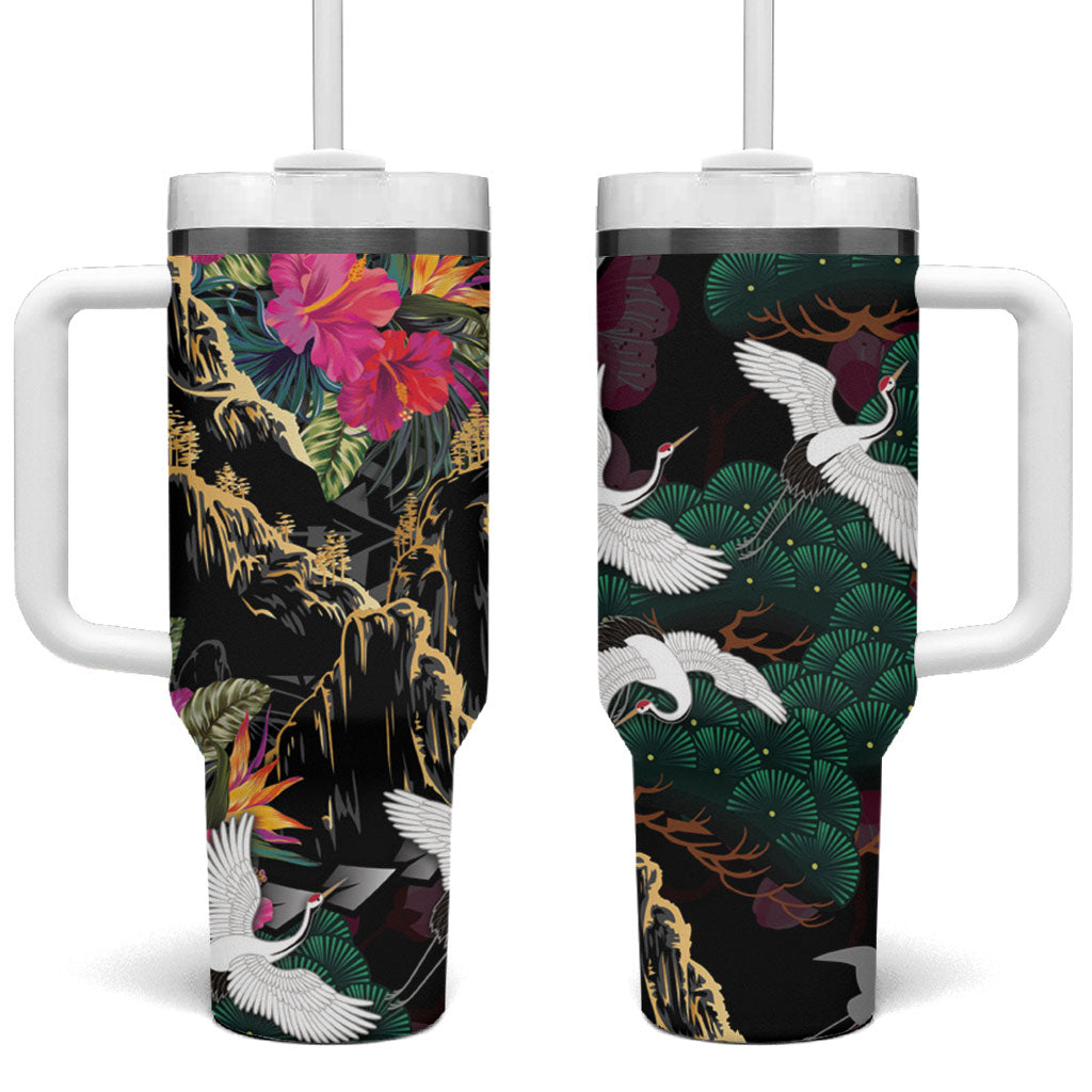 Hawaiian and Japanese Culture Tumbler With Handle Crane Sakura Hibiscus Tropical Vibes LT14 One Size: 40 oz Black - Polynesian Pride