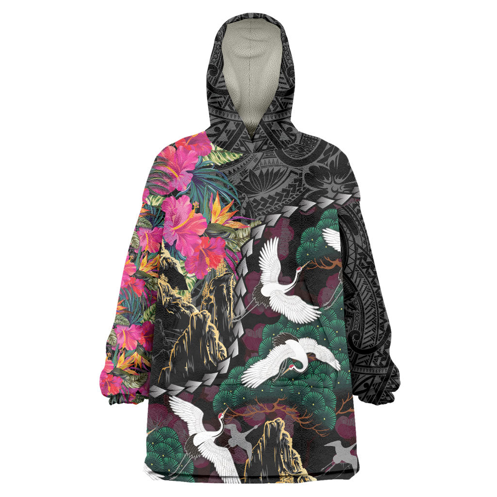 Hawaiian and Japanese Culture Wearable Blanket Hoodie Crane Sakura Hibiscus Tropical Vibes LT14 One Size Black - Polynesian Pride