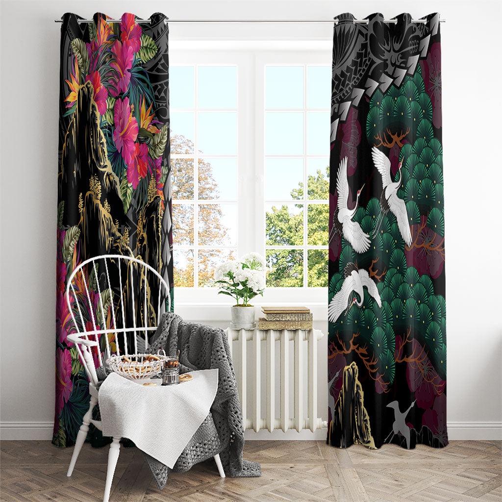 Hawaiian and Japanese Culture Window Curtain Crane Sakura Hibiscus Tropical Vibes