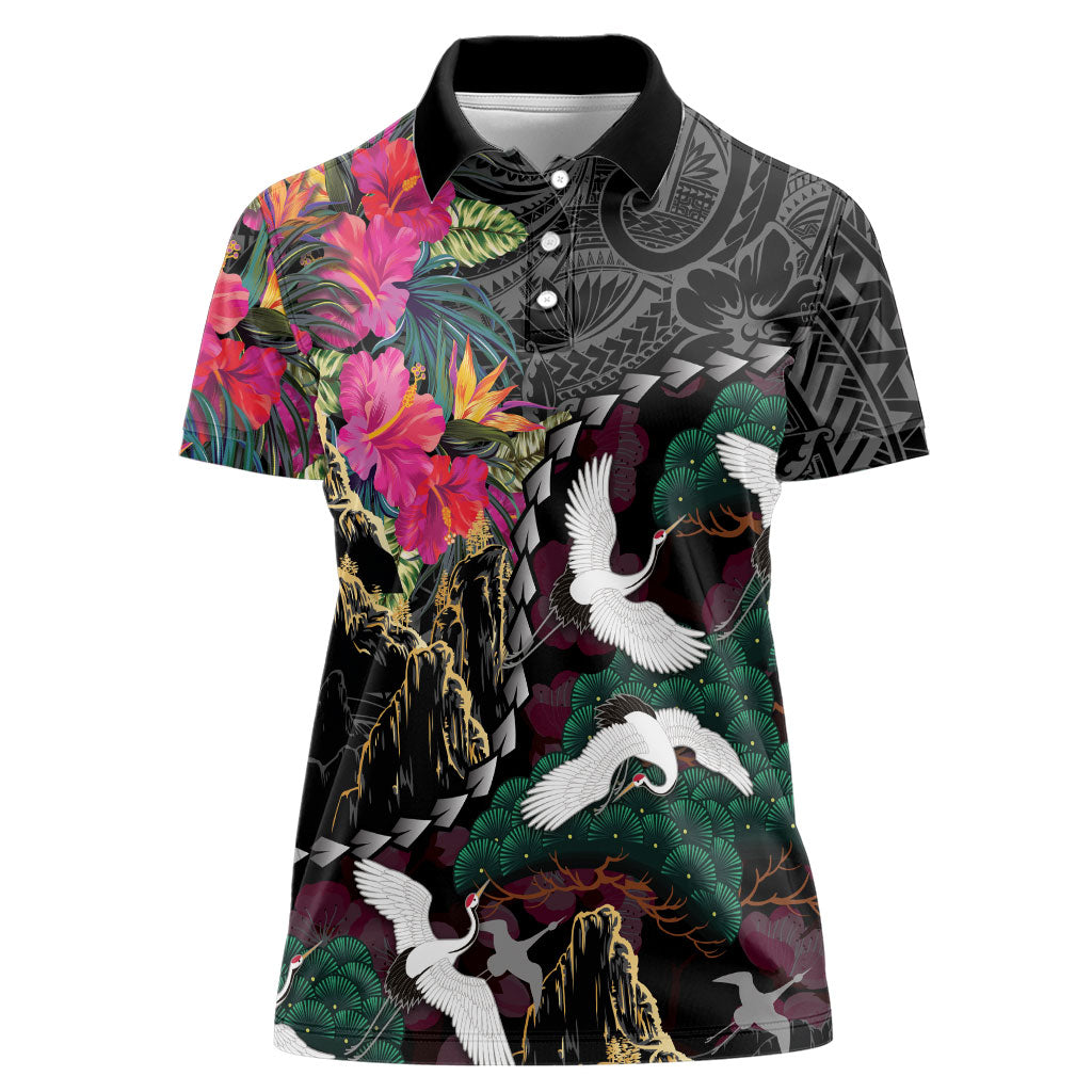 Hawaiian and Japanese Culture Women Polo Shirt Crane Sakura Hibiscus Tropical Vibes LT14 Female Black - Polynesian Pride