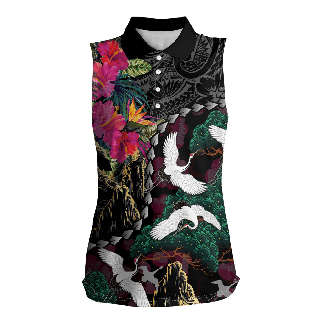 Hawaiian and Japanese Culture Women Sleeveless Polo Shirt Crane Sakura Hibiscus Tropical Vibes LT14 Female Black - Polynesian Pride