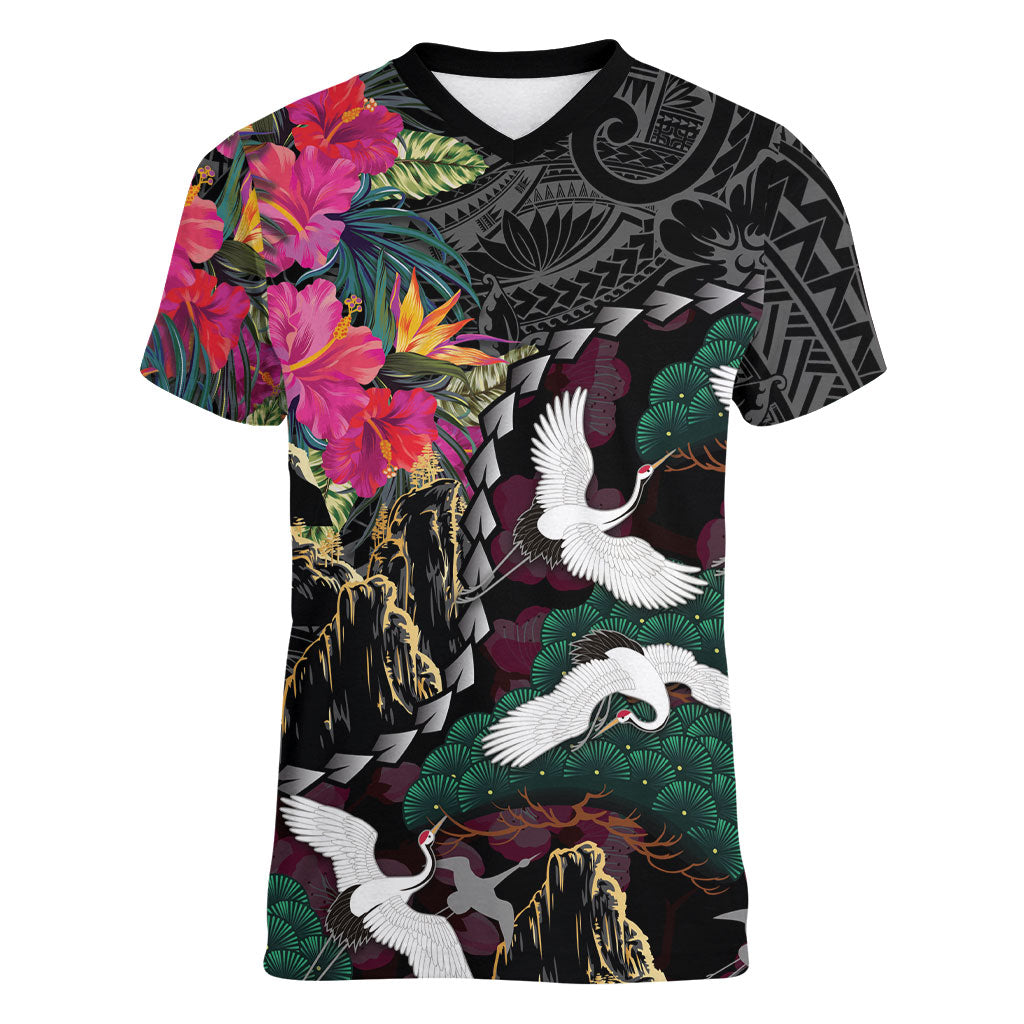Hawaiian and Japanese Culture Women V-Neck T-Shirt Crane Sakura Hibiscus Tropical Vibes LT14 Female Black - Polynesian Pride