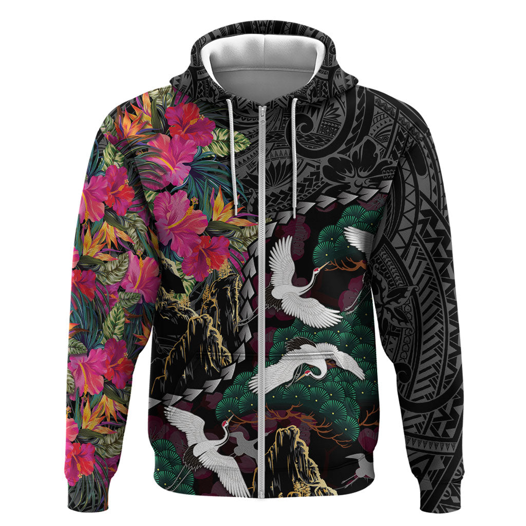 Hawaiian and Japanese Culture Zip Hoodie Crane Sakura Hibiscus Tropical Vibes LT14 Zip Hoodie Black - Polynesian Pride