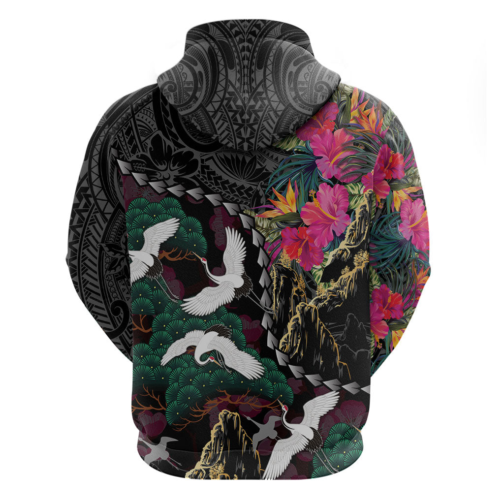 Hawaiian and Japanese Culture Zip Hoodie Crane Sakura Hibiscus Tropical Vibes