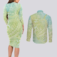 Baby Green Gradient Polynesia Couples Matching Long Sleeve Bodycon Dress and Long Sleeve Button Shirt Hawaiian Tribal Hammerhead Shark Tattoo LT14 - Polynesian Pride