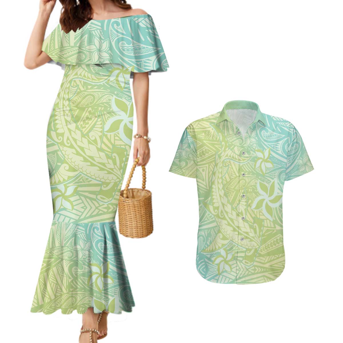 Baby Green Gradient Polynesia Couples Matching Mermaid Dress and Hawaiian Shirt Hawaiian Tribal Hammerhead Shark Tattoo LT14 Baby Green - Polynesian Pride