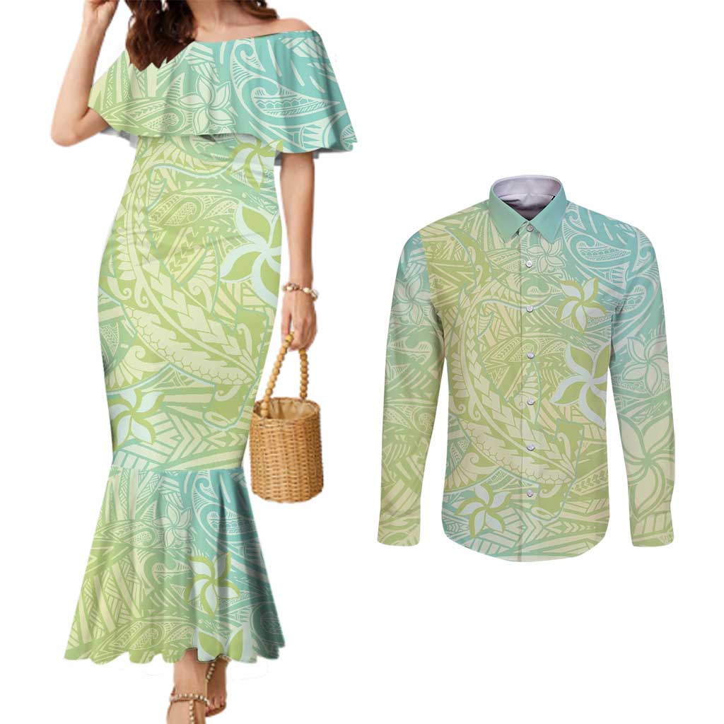 Baby Green Gradient Polynesia Couples Matching Mermaid Dress and Long Sleeve Button Shirt Hawaiian Tribal Hammerhead Shark Tattoo