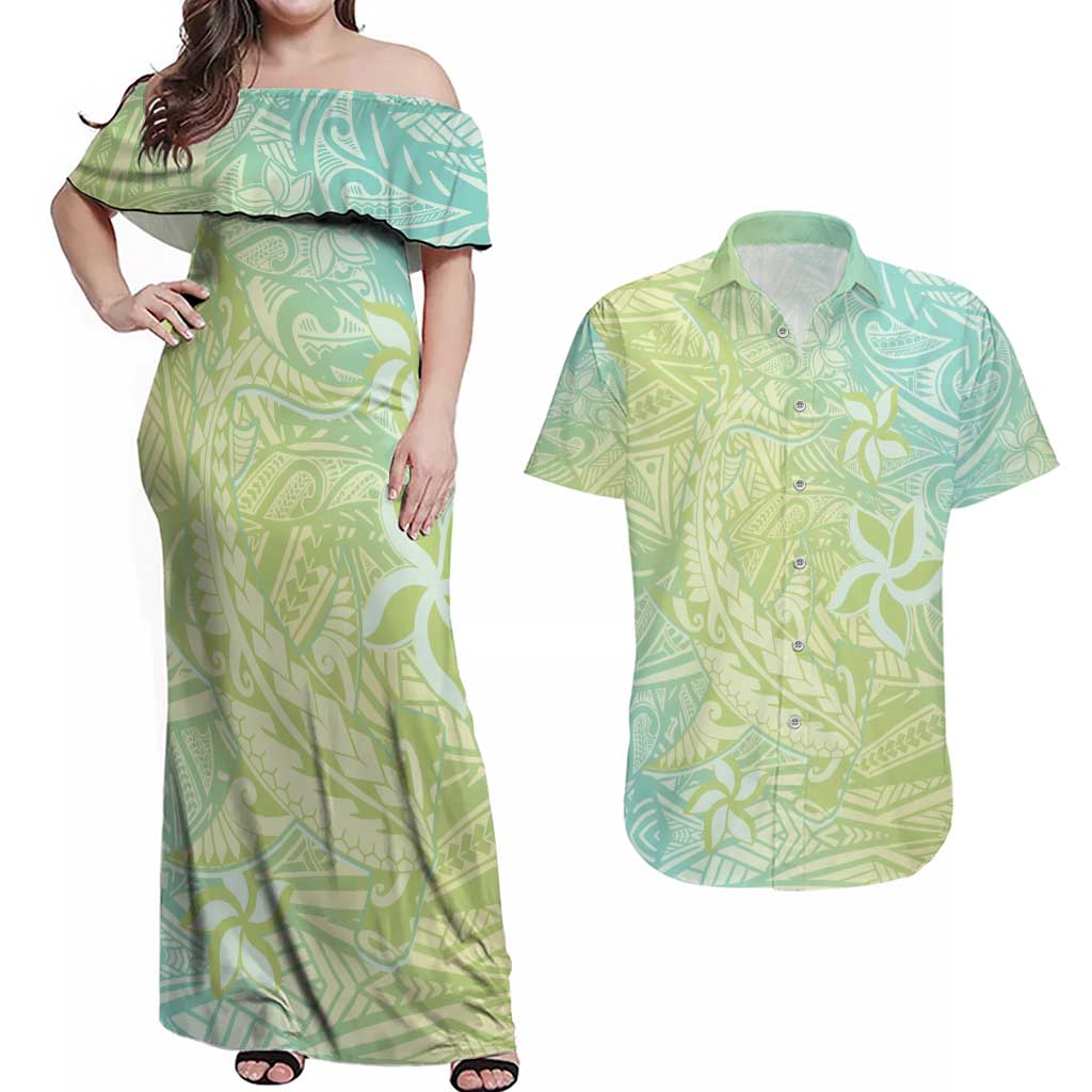 Baby Green Gradient Polynesia Couples Matching Off Shoulder Maxi Dress and Hawaiian Shirt Hawaiian Tribal Hammerhead Shark Tattoo LT14 Baby Green - Polynesian Pride