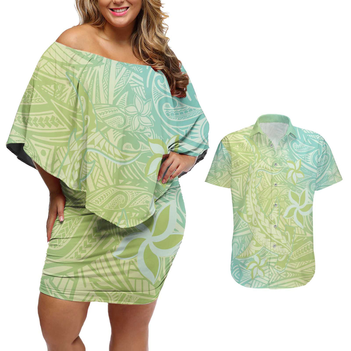 Baby Green Gradient Polynesia Couples Matching Off Shoulder Short Dress and Hawaiian Shirt Hawaiian Tribal Hammerhead Shark Tattoo LT14 Baby Green - Polynesian Pride