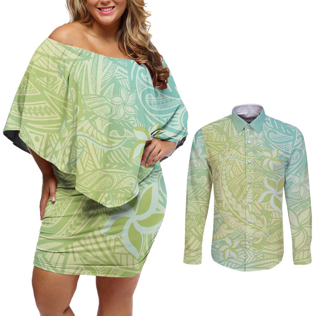 Baby Green Gradient Polynesia Couples Matching Off Shoulder Short Dress and Long Sleeve Button Shirt Hawaiian Tribal Hammerhead Shark Tattoo LT14 Baby Green - Polynesian Pride