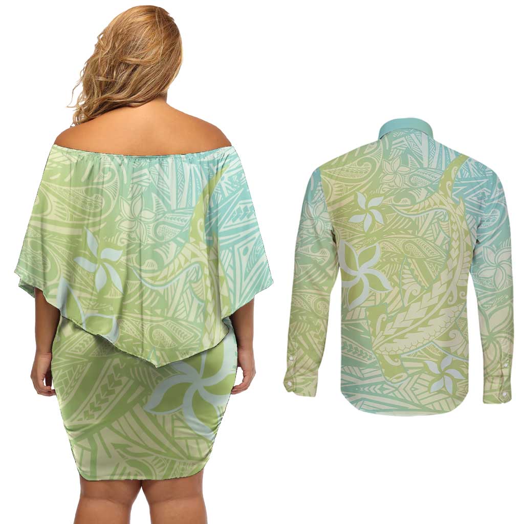 Baby Green Gradient Polynesia Couples Matching Off Shoulder Short Dress and Long Sleeve Button Shirt Hawaiian Tribal Hammerhead Shark Tattoo LT14 - Polynesian Pride