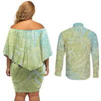 Baby Green Gradient Polynesia Couples Matching Off Shoulder Short Dress and Long Sleeve Button Shirt Hawaiian Tribal Hammerhead Shark Tattoo LT14 - Polynesian Pride