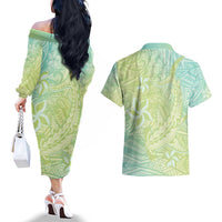 Baby Green Gradient Polynesia Couples Matching Off The Shoulder Long Sleeve Dress and Hawaiian Shirt Hawaiian Tribal Hammerhead Shark Tattoo LT14 - Polynesian Pride