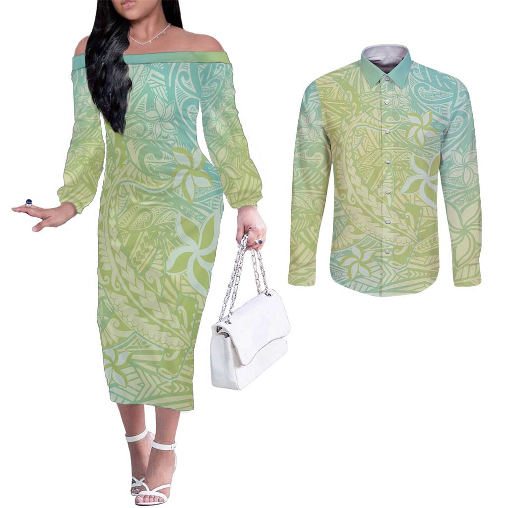Baby Green Gradient Polynesia Couples Matching Off The Shoulder Long Sleeve Dress and Long Sleeve Button Shirt Hawaiian Tribal Hammerhead Shark Tattoo