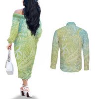 Baby Green Gradient Polynesia Couples Matching Off The Shoulder Long Sleeve Dress and Long Sleeve Button Shirt Hawaiian Tribal Hammerhead Shark Tattoo LT14 - Polynesian Pride