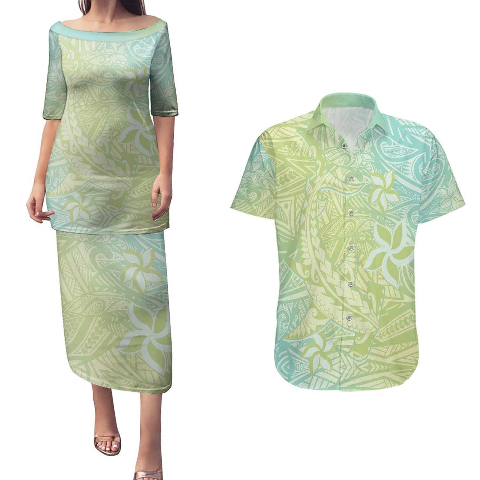 Baby Green Gradient Polynesia Couples Matching Puletasi and Hawaiian Shirt Hawaiian Tribal Hammerhead Shark Tattoo