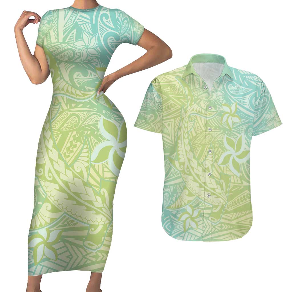 Baby Green Gradient Polynesia Couples Matching Short Sleeve Bodycon Dress and Hawaiian Shirt Hawaiian Tribal Hammerhead Shark Tattoo LT14 Baby Green - Polynesian Pride