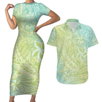 Baby Green Gradient Polynesia Couples Matching Short Sleeve Bodycon Dress and Hawaiian Shirt Hawaiian Tribal Hammerhead Shark Tattoo LT14 Baby Green - Polynesian Pride