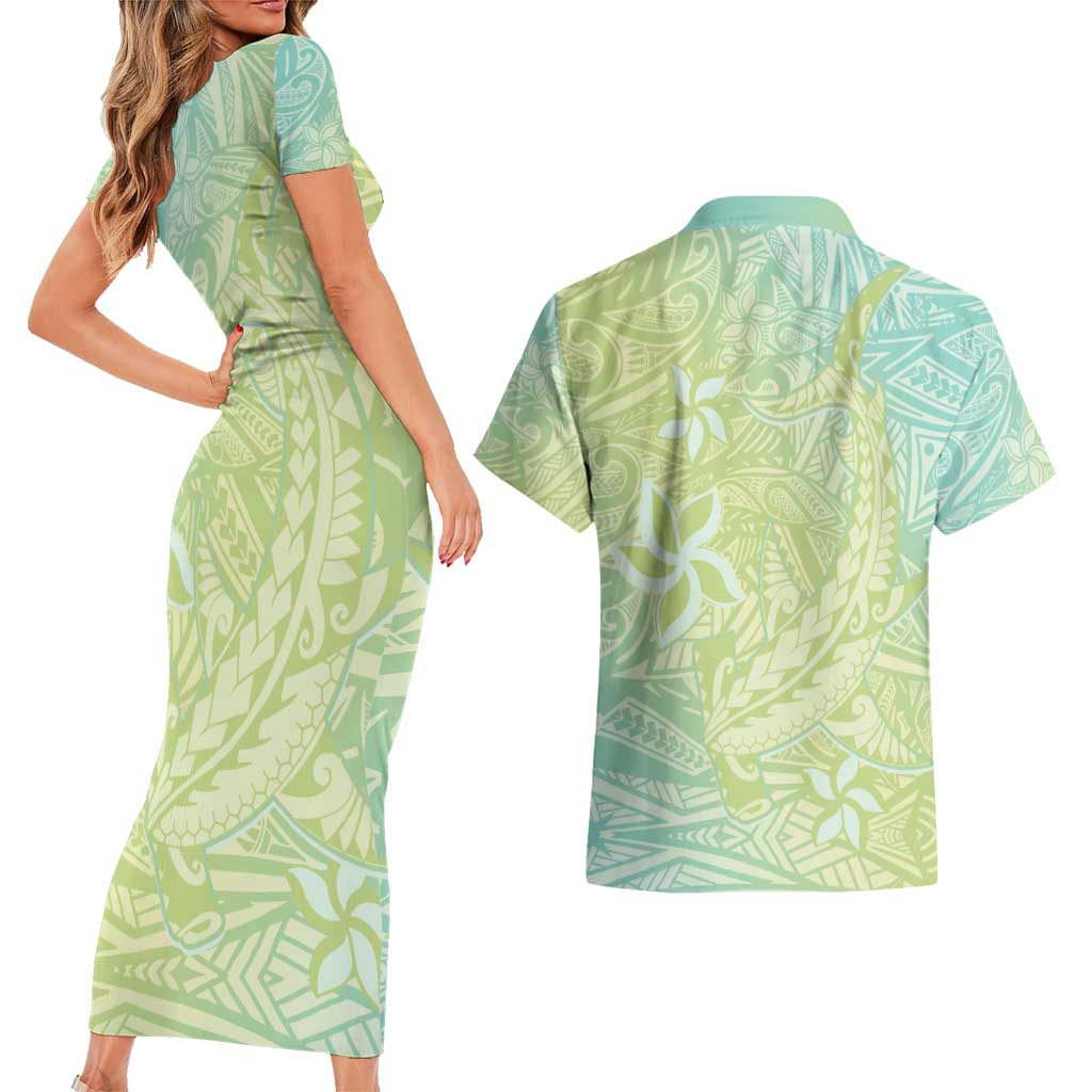 Baby Green Gradient Polynesia Couples Matching Short Sleeve Bodycon Dress and Hawaiian Shirt Hawaiian Tribal Hammerhead Shark Tattoo LT14 - Polynesian Pride