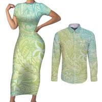 Baby Green Gradient Polynesia Couples Matching Short Sleeve Bodycon Dress and Long Sleeve Button Shirt Hawaiian Tribal Hammerhead Shark Tattoo LT14 Baby Green - Polynesian Pride