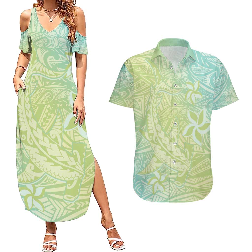 Baby Green Gradient Polynesia Couples Matching Summer Maxi Dress and Hawaiian Shirt Hawaiian Tribal Hammerhead Shark Tattoo LT14 Baby Green - Polynesian Pride