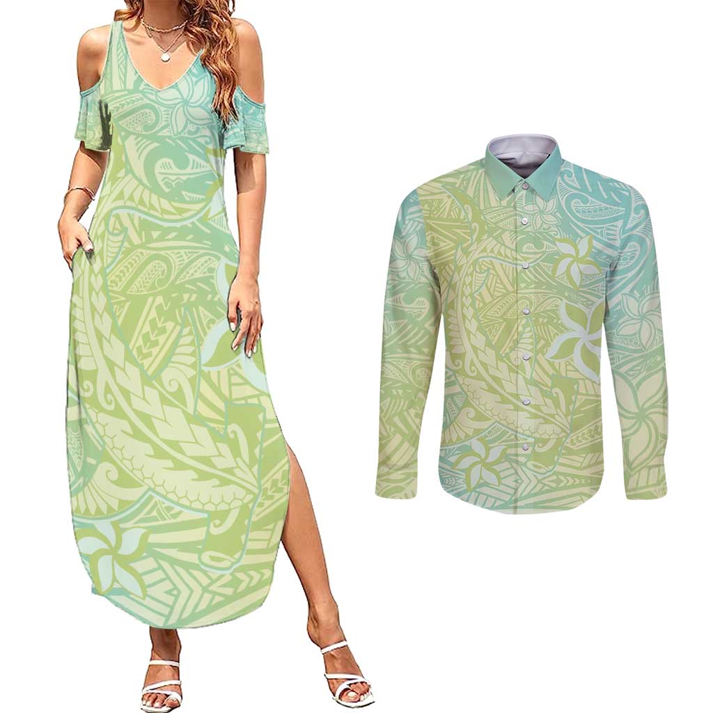 Baby Green Gradient Polynesia Couples Matching Summer Maxi Dress and Long Sleeve Button Shirt Hawaiian Tribal Hammerhead Shark Tattoo LT14 Baby Green - Polynesian Pride