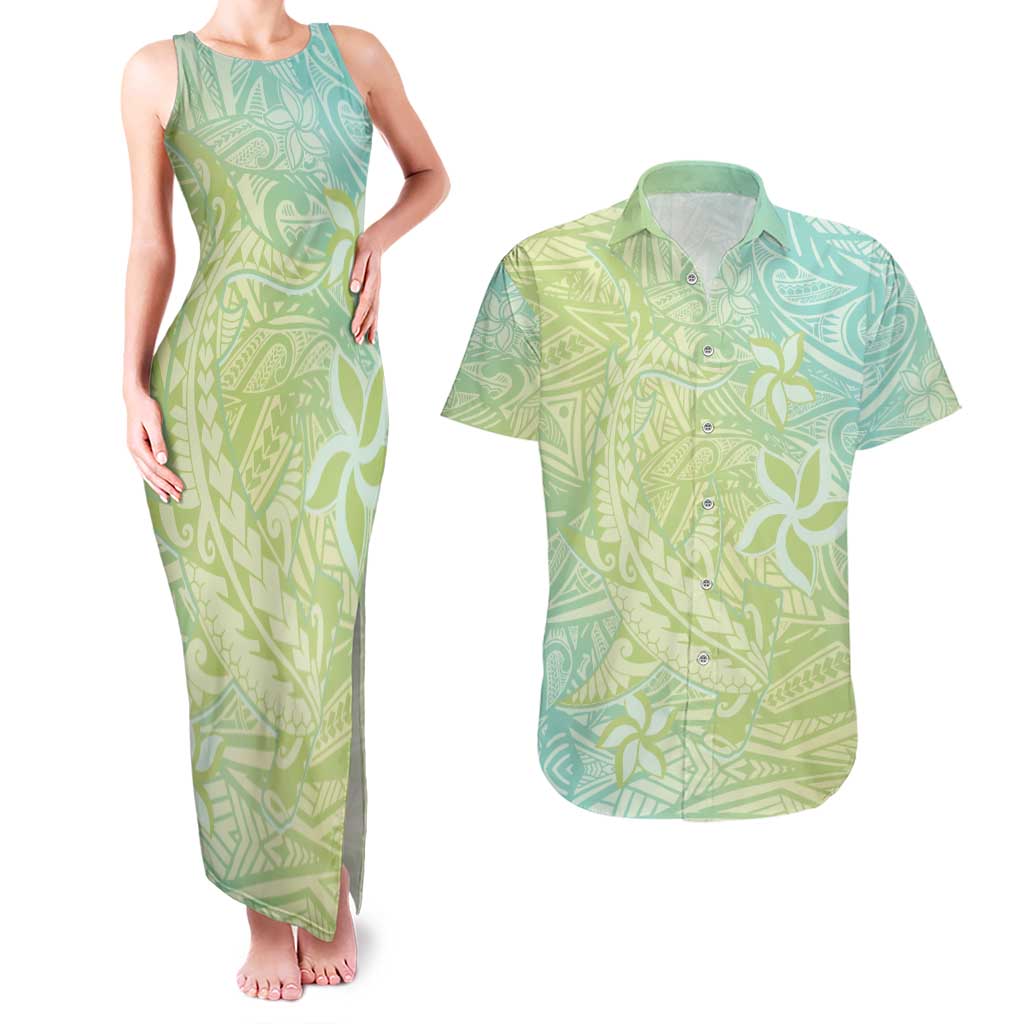 Baby Green Gradient Polynesia Couples Matching Tank Maxi Dress and Hawaiian Shirt Hawaiian Tribal Hammerhead Shark Tattoo