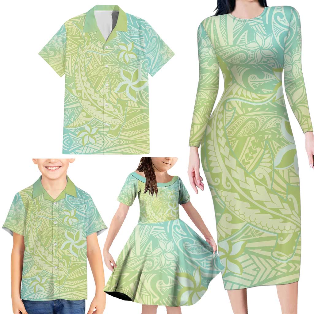 Baby Green Gradient Polynesia Family Matching Long Sleeve Bodycon Dress and Hawaiian Shirt Hawaiian Tribal Hammerhead Shark Tattoo LT14 - Polynesian Pride