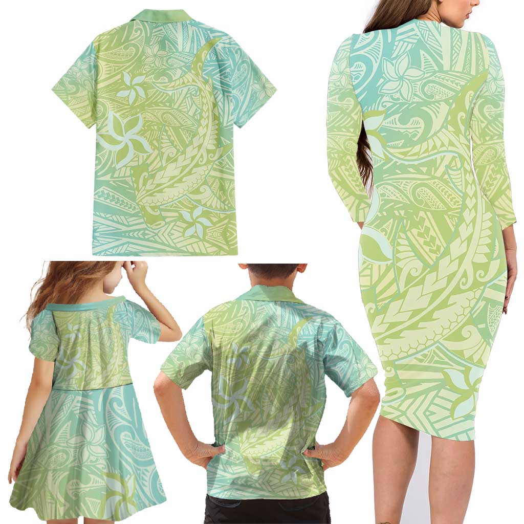 Baby Green Gradient Polynesia Family Matching Long Sleeve Bodycon Dress and Hawaiian Shirt Hawaiian Tribal Hammerhead Shark Tattoo LT14 - Polynesian Pride