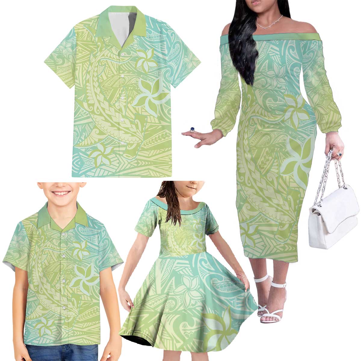 Baby Green Gradient Polynesia Family Matching Off The Shoulder Long Sleeve Dress and Hawaiian Shirt Hawaiian Tribal Hammerhead Shark Tattoo LT14 - Polynesian Pride