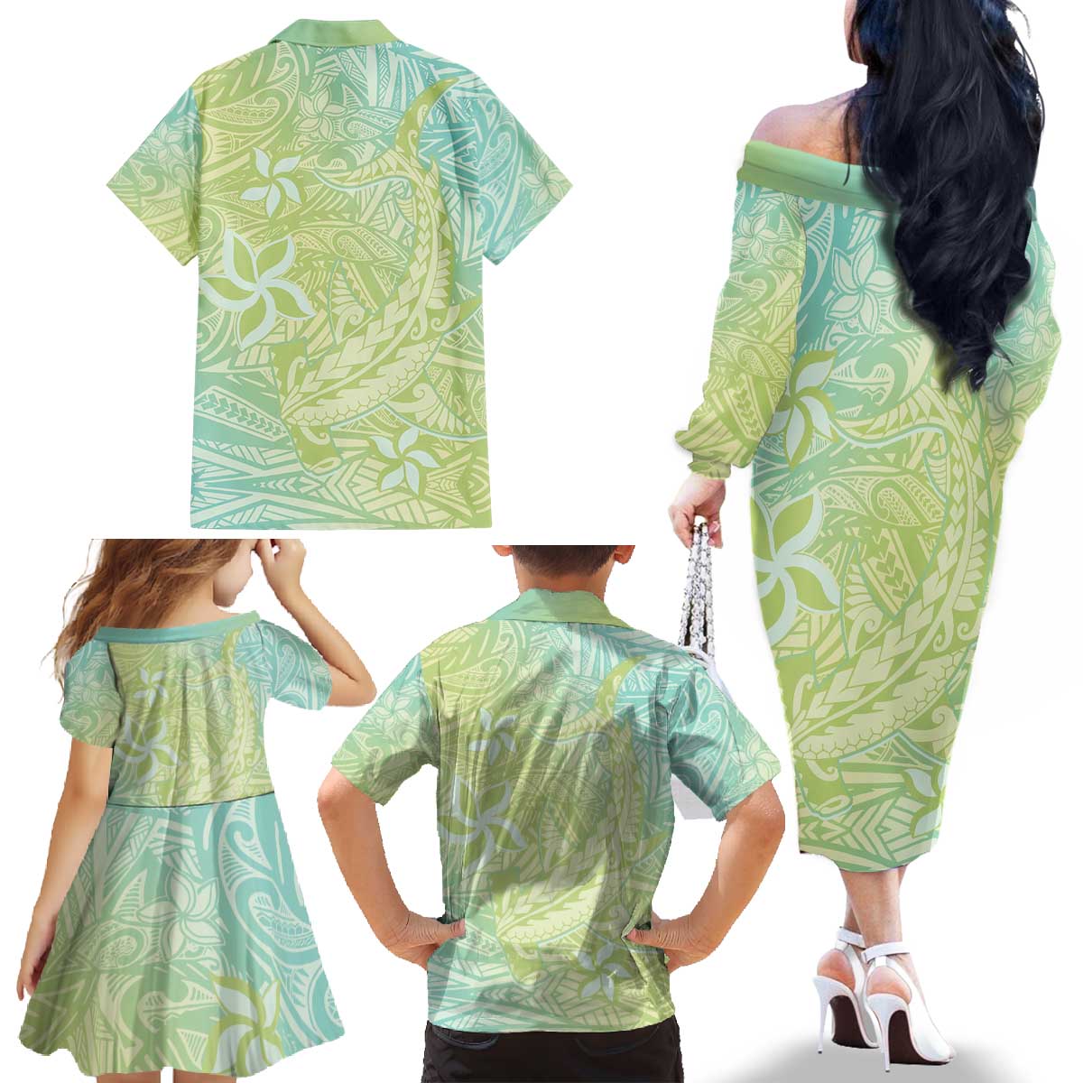 Baby Green Gradient Polynesia Family Matching Off The Shoulder Long Sleeve Dress and Hawaiian Shirt Hawaiian Tribal Hammerhead Shark Tattoo LT14 - Polynesian Pride