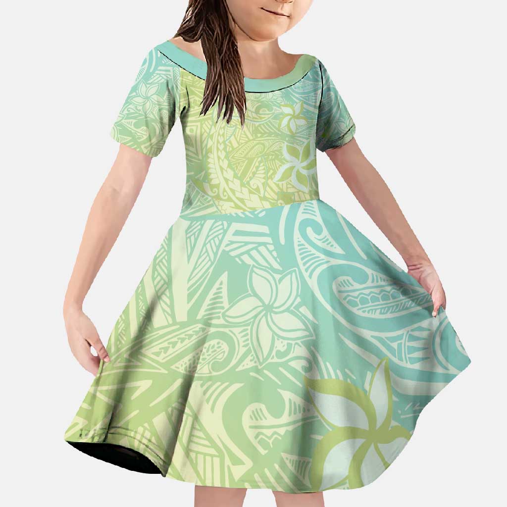 Baby Green Gradient Polynesia Family Matching Off Shoulder Maxi Dress and Hawaiian Shirt Hawaiian Tribal Hammerhead Shark Tattoo LT14 Daughter's Dress Baby Green - Polynesian Pride
