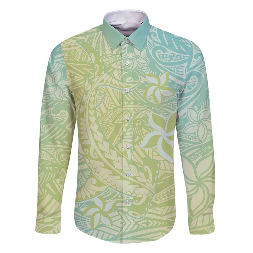 Baby Green Gradient Polynesia Family Matching Off Shoulder Maxi Dress and Hawaiian Shirt Hawaiian Tribal Hammerhead Shark Tattoo LT14 Dad's Shirt - Long Sleeve Baby Green - Polynesian Pride