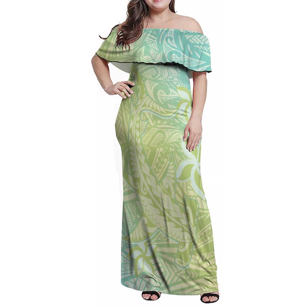 Baby Green Gradient Polynesia Family Matching Off Shoulder Maxi Dress and Hawaiian Shirt Hawaiian Tribal Hammerhead Shark Tattoo LT14 Mom's Dress Baby Green - Polynesian Pride