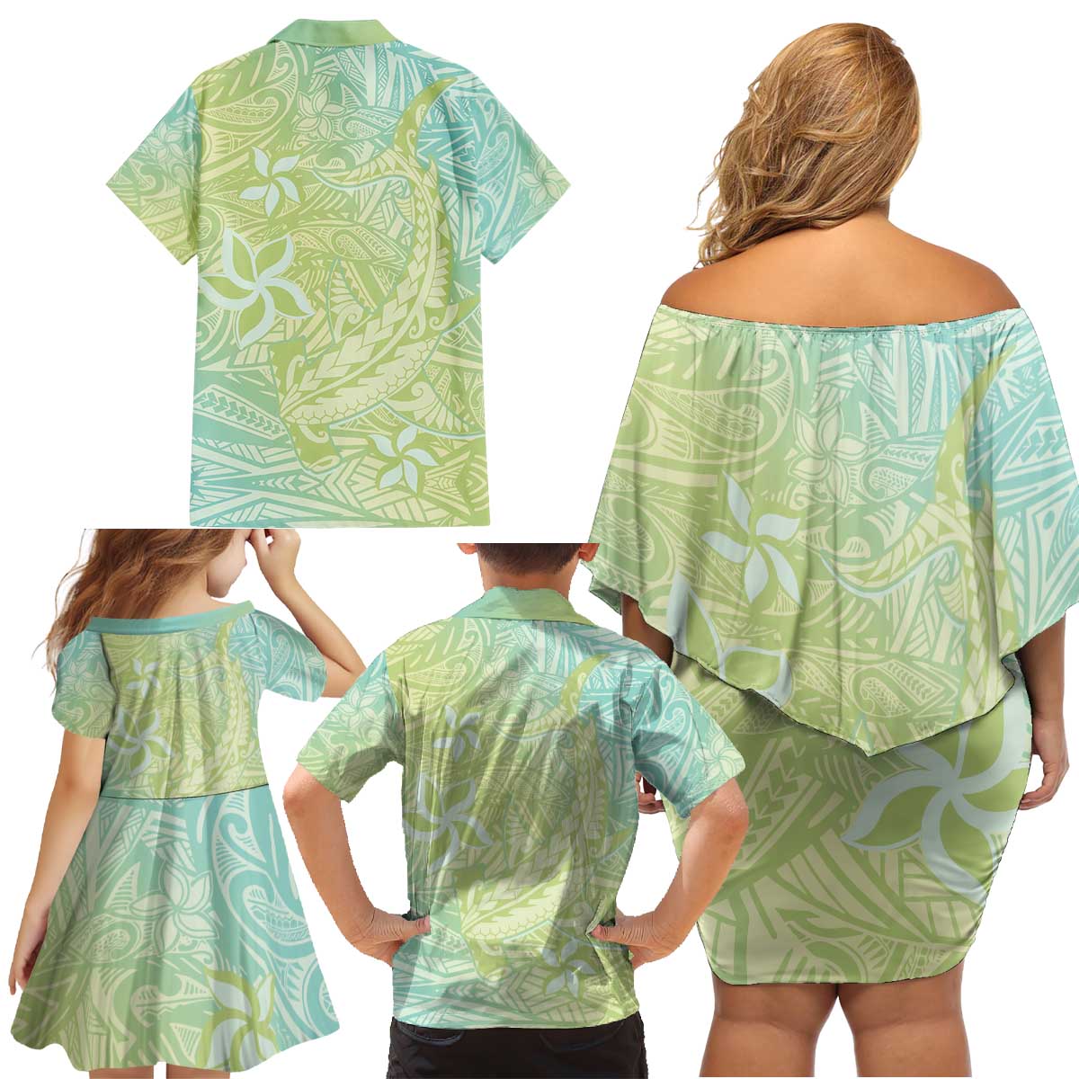 Baby Green Gradient Polynesia Family Matching Off Shoulder Short Dress and Hawaiian Shirt Hawaiian Tribal Hammerhead Shark Tattoo LT14 - Polynesian Pride
