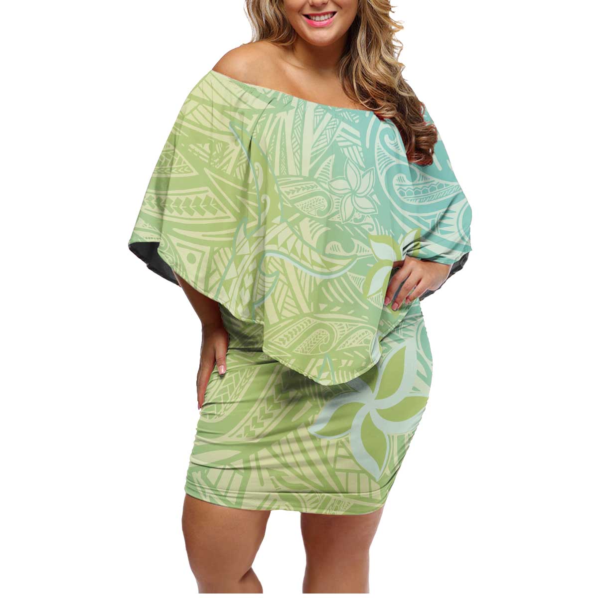 Baby Green Gradient Polynesia Family Matching Off Shoulder Short Dress and Hawaiian Shirt Hawaiian Tribal Hammerhead Shark Tattoo LT14 Mom's Dress Baby Green - Polynesian Pride