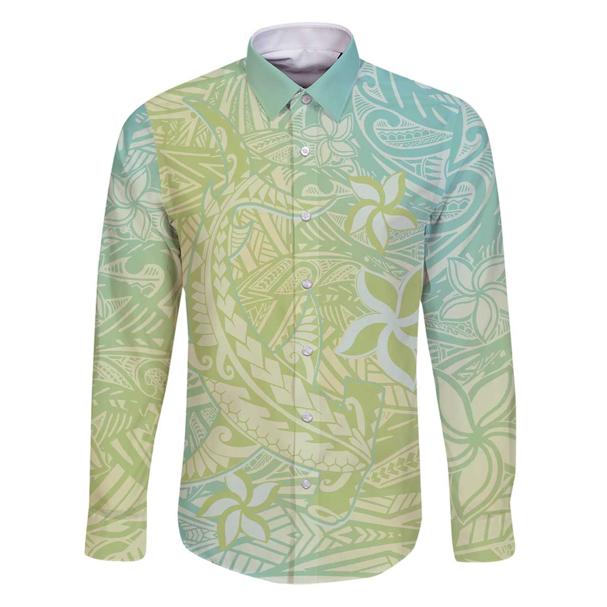 Baby Green Gradient Polynesia Family Matching Puletasi and Hawaiian Shirt Hawaiian Tribal Hammerhead Shark Tattoo LT14 Dad's Shirt - Long Sleeve Baby Green - Polynesian Pride