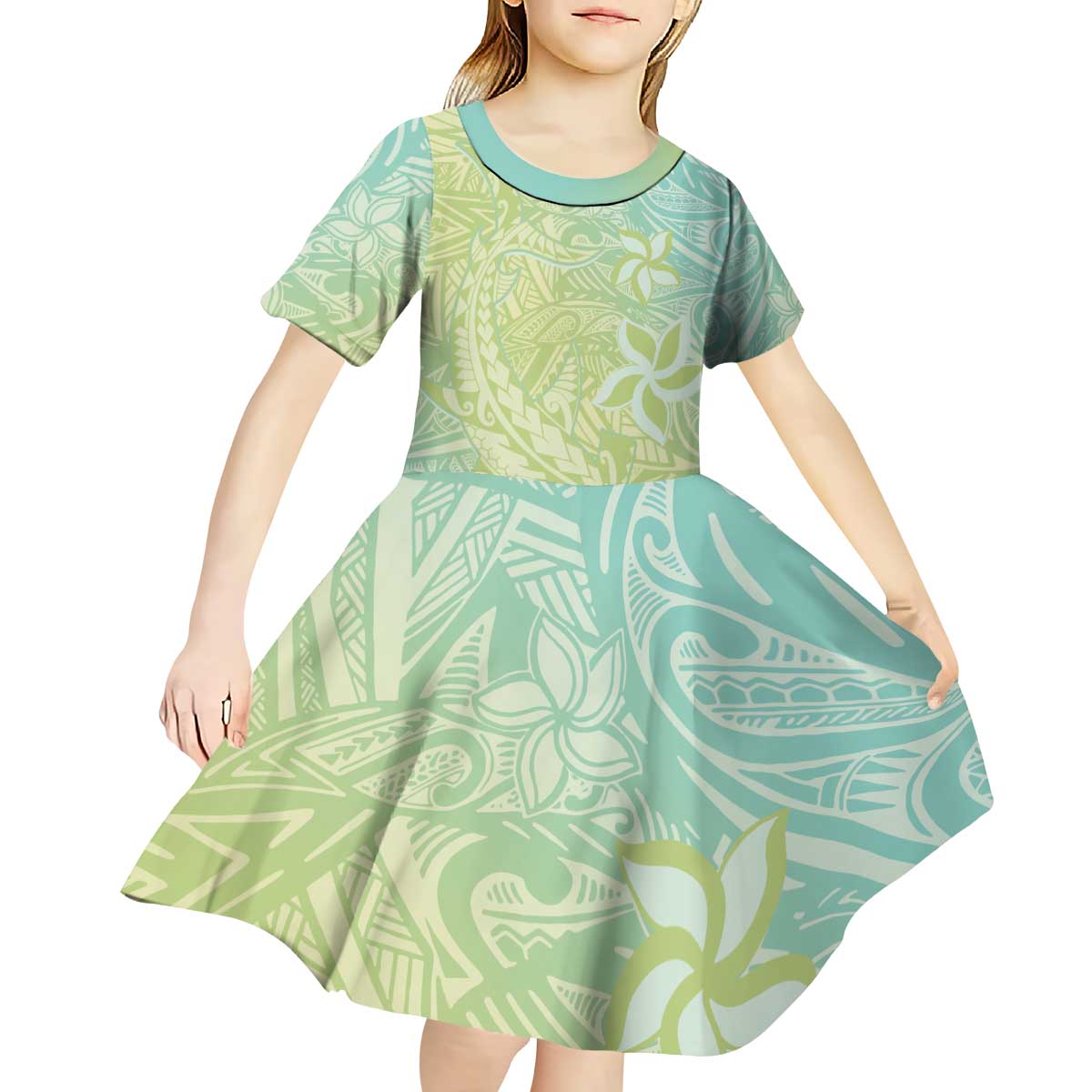 Baby Green Gradient Polynesia Kid Short Sleeve Dress Hawaiian Tribal Hammerhead Shark Tattoo LT14 - Polynesian Pride
