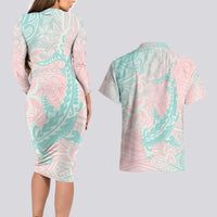 Baby Pink Gradient Polynesia Couples Matching Long Sleeve Bodycon Dress and Hawaiian Shirt Hawaiian Tribal Hammerhead Shark Tattoo LT14 - Polynesian Pride
