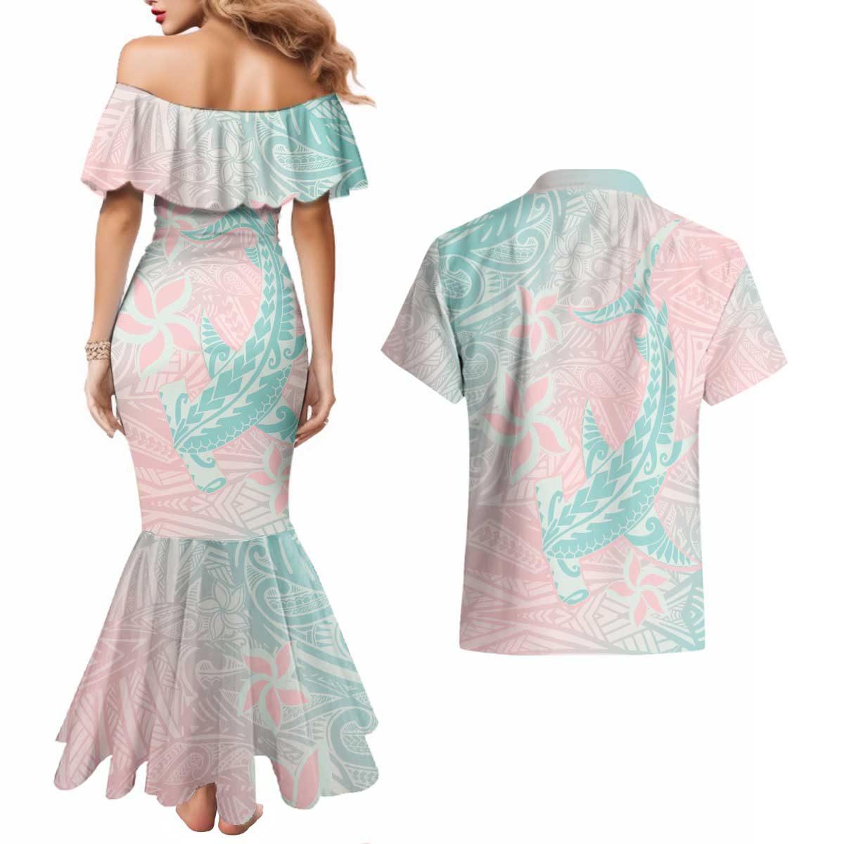 Baby Pink Gradient Polynesia Couples Matching Mermaid Dress and Hawaiian Shirt Hawaiian Tribal Hammerhead Shark Tattoo LT14 - Polynesian Pride