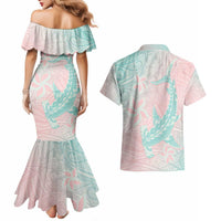 Baby Pink Gradient Polynesia Couples Matching Mermaid Dress and Hawaiian Shirt Hawaiian Tribal Hammerhead Shark Tattoo LT14 - Polynesian Pride