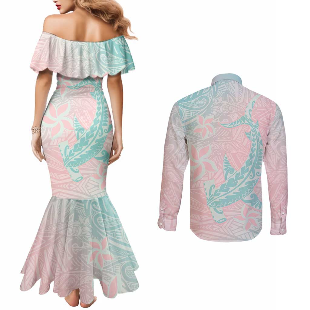 Baby Pink Gradient Polynesia Couples Matching Mermaid Dress and Long Sleeve Button Shirt Hawaiian Tribal Hammerhead Shark Tattoo LT14 - Polynesian Pride